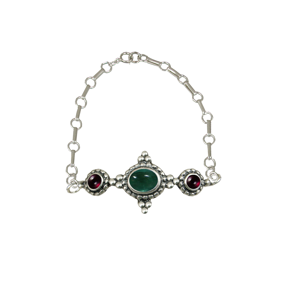 Sterling Silver Gemstone Adjustable Chain Bracelet With Fluorite And Garnet